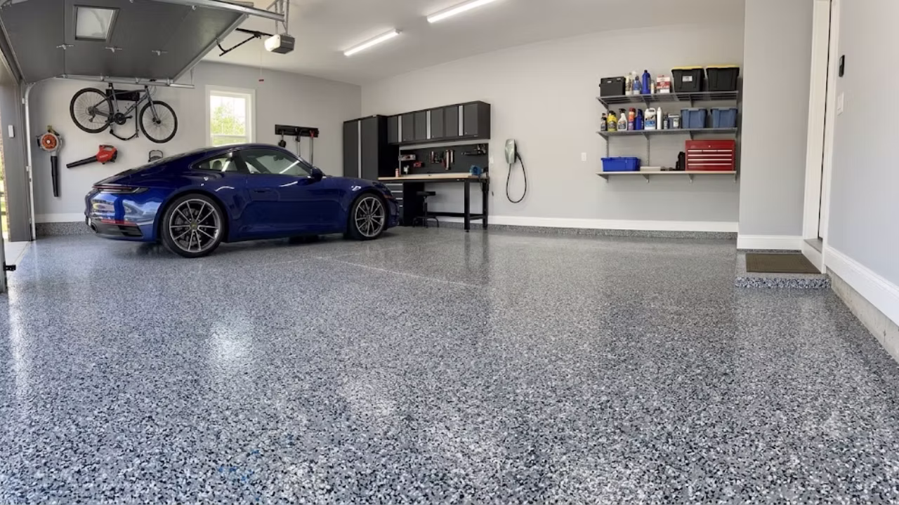 Freshly poured metallic epoxy garage floor